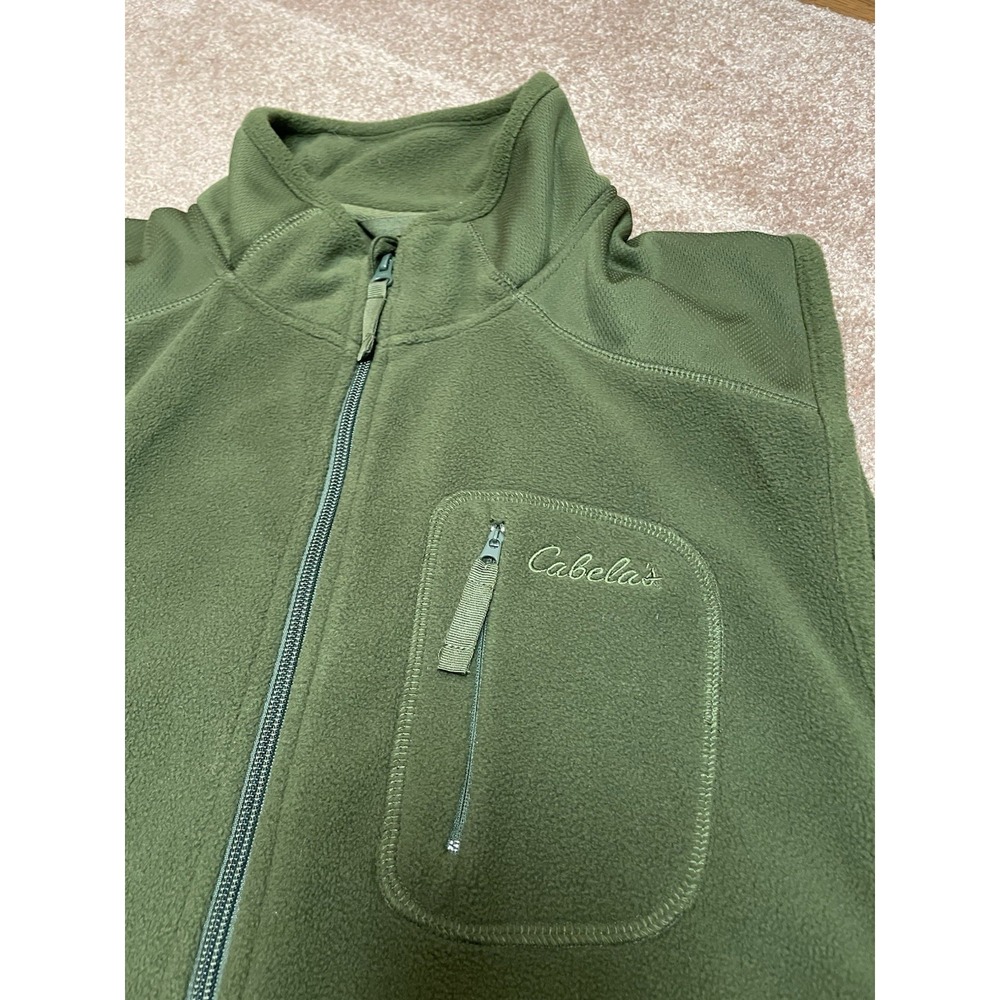 Cabelas Vest Mens L Green Full Zip Fleece Vest Pockets Outdoors Hiking Camp Fish